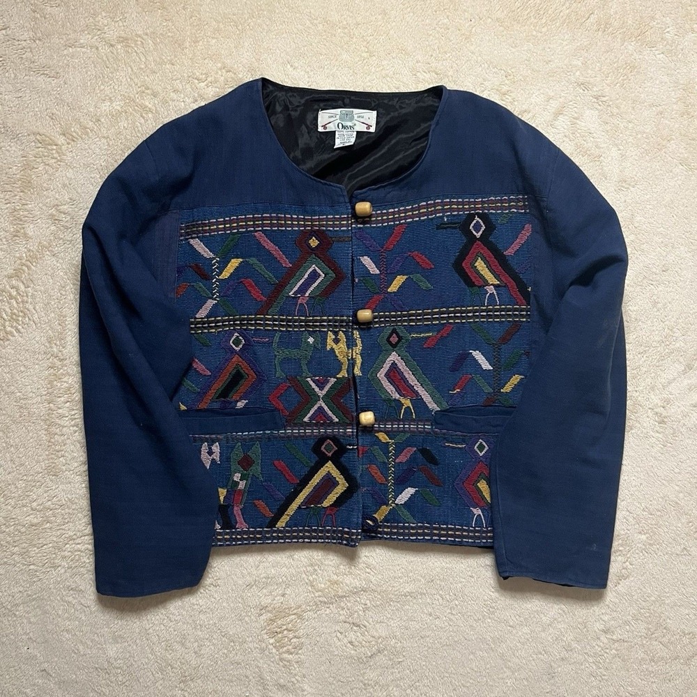 Vintage 90s Orvis Womens L Hand Woven Sweater Vest Aztec Folk Blue Embroidered